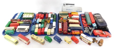 Corgi EFE Atlas and other die cast models of single and double decker coaches and buses, together with trams, vintage trucks, fire appliances and racing cars. (4 trays)