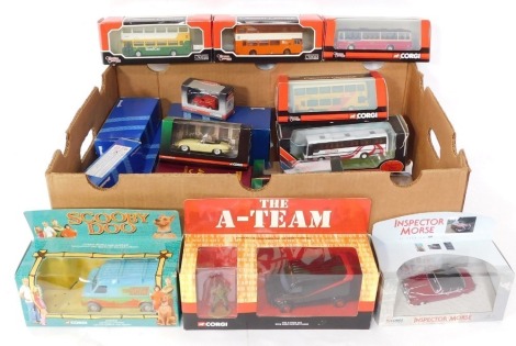 Corgi die cast models of buses and taxis, Vanguards sports cars, a Corgi Inspector Morse Jaguar 2.4, Scooby Do Mystery Machine, and other vehicles, boxed. (a quantity)