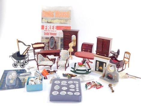Dolls house furniture, fittings, porcelain, toys and sundries. (a quantity)