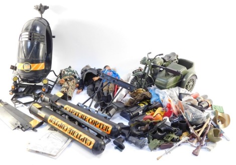 An Action Man Transport Command single seater helicopter, military motorbike and side car, figures and accessories. (a quantity)