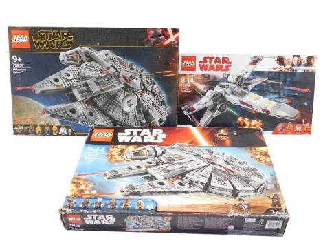 A Lego Star Wars X-Wing Star Fighter, 75218, Millenium Falcon 75257, and another 75105, all boxed. (3)