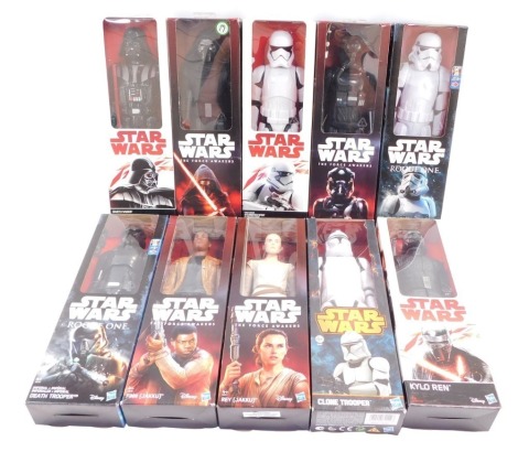 Hasbro Disney Star Wars figures, boxed, comprising Clone Trooper, two Storm Troopers, Kylo Wren, Darth Vader, Death Trooper, Finn (Jakku), Rey (Jakku), First Order The Fighter Pilot, and Kylor Wren second version. (10)