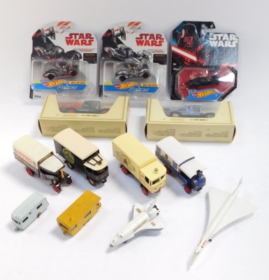 Matchbox models of Yesteryear die cast vintage trucks, boxed and unboxed, together with Hot Wheels Star Wars vehicles, in blister packs. (a quantity)