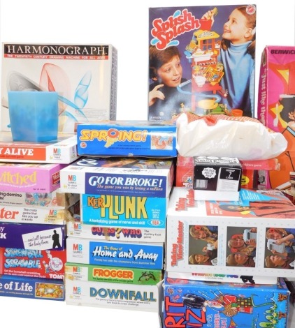 Games and toys, including Bewitched, Screwball Scramble, Downfall, Brit Quiz, Go For Broke, and Splish Splash, all boxed. (a quantity)