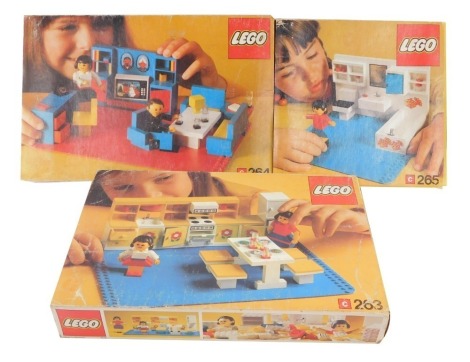 Three Lego sets, boxed, comprising a bathroom 265, kitchen 263, and sitting room 264.