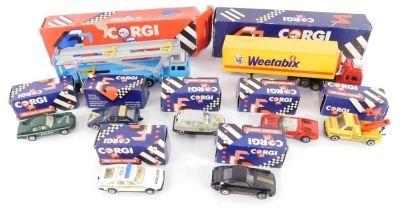 A Corgi die cast Volvo car transporter, container truck, and various cars, all boxed. (9)