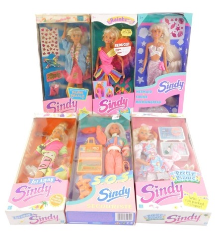 Six Sindy dolls, boxed, comprising, Jet Away, Rainbow, SOS, Denim Dazzle, Mermaid, and Pretty Picnic. (6)