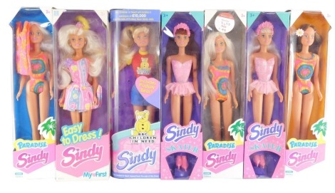 Seven Sindy dolls, boxed, comprising three Paradise, two Skater, Easy To Dress, and Sindy For BBC Children In Need.