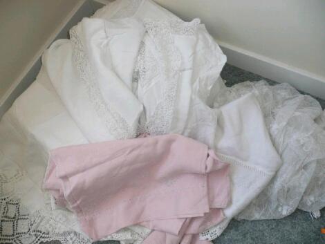 Vintage bed linen etc. to include a large cotton bed cover with lace insets and edging