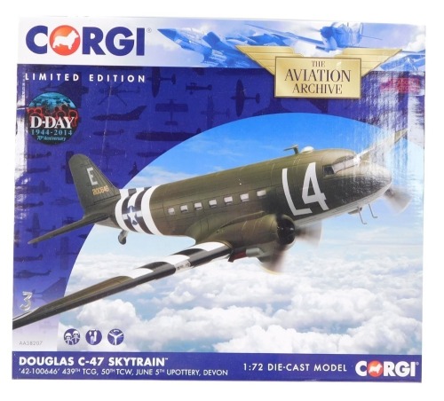 A Corgi Aviation Archive model of a Douglas C-47 Skytrain, "42-100646", 439th tcg, 50th tcw, June 5th Upottery, Devon, AA38207, boxed.