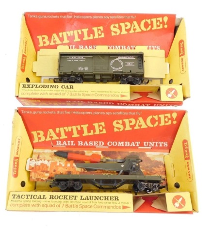 A Hornby Tri-ang OO gauge Battle Space Exploding Car, and a tactical rocket launcher, each with a squad of seven battle space commanders lacking, boxed. (2)