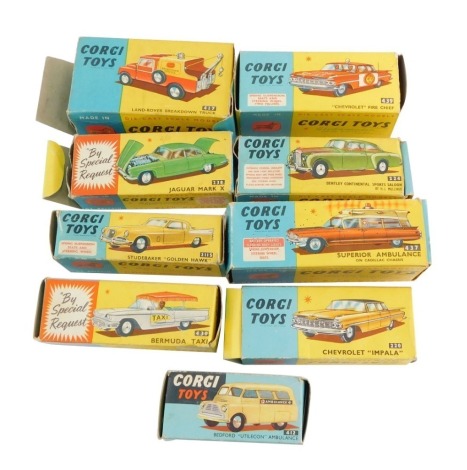 Corgi die cast vehicles, play worn, boxed, comprising a Chevrolet fire chief 439, Bentley Continental Sport saloon 224, Studebaker "Golden Hawk", Superior ambulance on a Cadillac chassis 437, Bermuda taxi 430, Bedford "Utilecon" ambulance 412, Chevrolet "