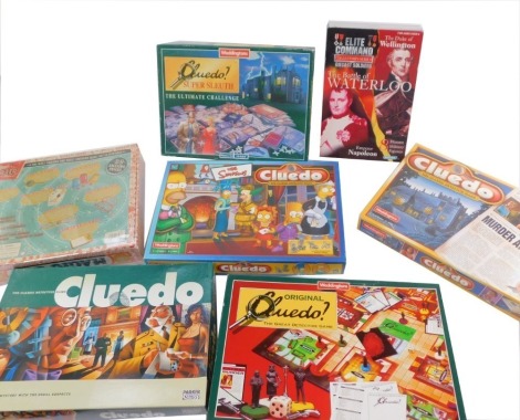 Five games of Cluedo, comprising Supersleuth, (AF)., The Classic Detective Game., Original Detective Game., The Simpsons, and Murder at Tudor Hall., together with a Ridley's Magic Set and a Blue-Box die cast set of soldiers, The Battle of Waterloo Coll