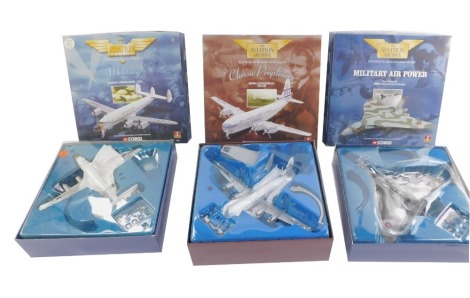 Three Corgi Aviation Archive die cast models, comprising a Military Lockhead Constellation-USA Airforce, 47506., Classic Propliners Boeing Stratocruiser Pan Am, 48101., and a Military Air Power Avro Vulcan B2, X8558 (first and last in service), 48303, all