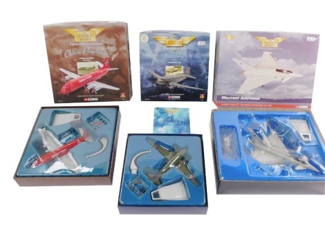 Three Corgi Aviation Archive models, comprising a Classic Propliners Vickers Viscount Parcelforce, 47602., Military Douglas DC3-RAF, 47106., and a Military Airpower Euro Fighter Typhoon F2, 17 (R) Squadron, RAF Coningsby, AA36041, all boxed.