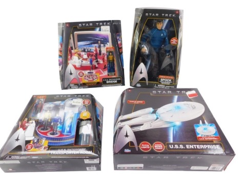 A Playmates Star Trek figure modeled as Spock, Command Coillection, USS Enterprise bridge, transporter room and a USS Enterprise, with display stand, all boxed. (4)