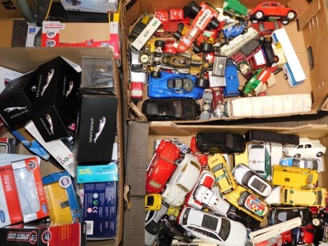 Corgi Norev Kinsmart Lesney and other die cast racing and sports cars, single decker buses, trucks, VW Beetles, etc., some boxes, unmatched and play worn. (a quantity)