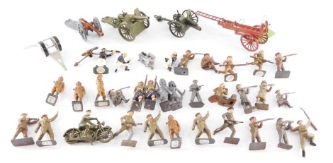 Britains and other painted lead figures, ostensibly WWI soldiers, field guns, a fire appliance, British Bulldog Naval Officer and Ratings. (a quantity)