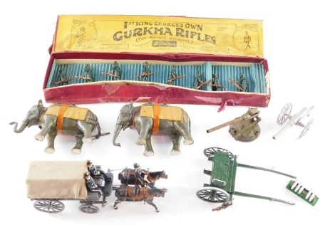 A Britains Set The First King George's Own Gurkha Rifles (The Malaun Regiment), boxed, together with a horse and wagon set, anti aircraft gun, field gun, two elephants, etc. (a quantity)