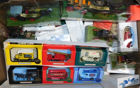 A Brumm Historical Series die cast vintage stagecoach and horses, further coaches, together with Lledo die cast vintage trucks and other vehicles, all boxed. (a quantity)