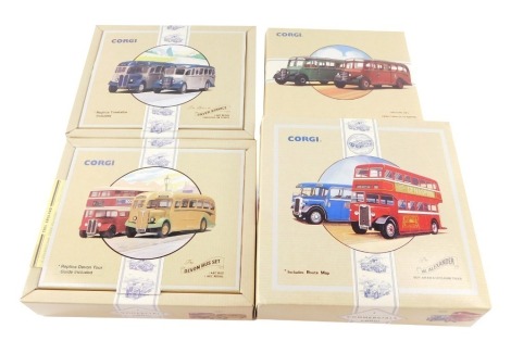 Four Corgi die cast bus sets, comprising The W Alexander Guy Arab & Leyland Tiger, 97076., The Buses of Silver Service, 97070., Bedford OB's from Corkills to Castelle, 97078., and The Devon Bus Set, 97071, all boxed.