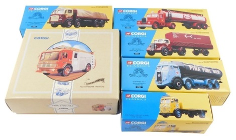 Corgi Classics die cast vintage lorries, comprising Blue Circle Cement, 12501., Fina Fuel Oils, 27201., Esso, 16302., British Rail, 18401., and J & A Smith of Maddiston, 24501., together with Classic Fire Engines, The Nottinghamshire AEC Pump Escape Fire 