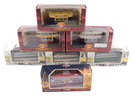 Corgi Classics die cast vintage trams, and tram lines, comprising four Blackpool Balloon Trams, and three Trams for Glasgow Corporation, London County Council and Bath Electric Tramways. (7)