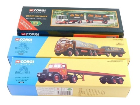 A Corgi Classics die cast Eddie Stobart AEC truck and trailer, 97369., Atkinson eight wheel truck and trailer, with load set, 27601., and a Siddle C Cook Ltd Scammell Highwayman and 33ft trailer set, 16401, all boxed. (3)