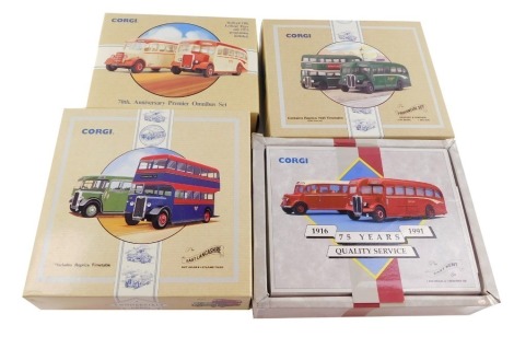 Four Corgi die cast bus sets, comprising The East Lancashire Guy Arab and Leyland Tiger, 97077., The East Kent AEC Regal and Bedford OB set., 97750, The 70th Anniversary Premier Omnibus Set, 97079., and The Provincial Set Gosport and Fareham AEC Regal and