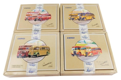 Four Corgi die cast bus sets, comprising The Devon Bus Set, 97071., The Buses of Yelloway, 97063., The Buses of Coventry, 97061., and The AEC Bus Set, 96990, all boxed.