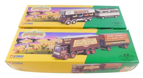 A Corgi Classics Showmans Range die cast AEC closed pole tractor, with closed pole trailer set, 21701., and a Leyland dodgem truck and caravan set, 24801., both boxed. (2)