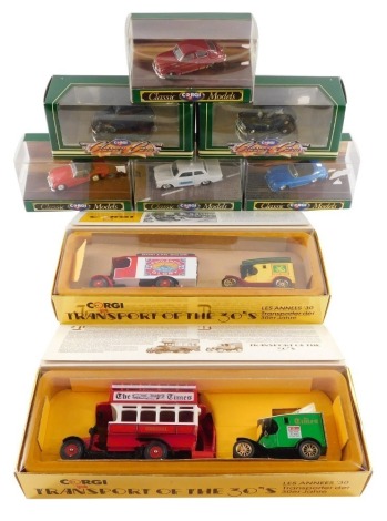 A Corgi die cast Transport of The Thirties Thorneycroft Bus, and Ford Model T Van, R2499G., Bryant & May's Thorneycroft and Ford Model T Delivery Vans, R2500G., and further classic models of die cast sports and police cars, all boxed. (8)