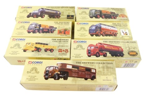 Seven Corgi Classics The Brewery Collection Tankers, comprising John Smiths 09801., Youngers 24301., Mitchells & Butlers 15201., Guinness 16301., Vaux Breweries Ltd 27901., Fremlins 12401., and Whitbread 27701., all boxed.