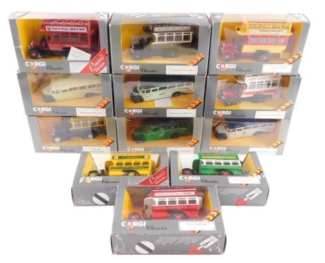 Corgi Classics die cast Thorneycroft Buses, together with Bedford Type OB Coaches, all boxed. (12)