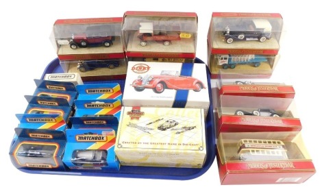 Matchbox die cast vintage trucks, flat bed lorries, buses and automobiles, together with a Dinky Triumph Dolomite 1939, DY-S17, all boxed. (a quantity)