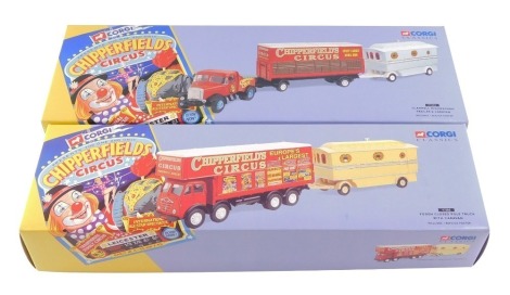 A Corgi Chipperfield Circus die cast Scammell Highwayman, trailer and caravan, 97885., together with a Foden closed pole truck with caravan, 97888., both boxed. (2)