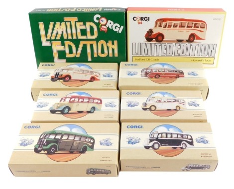 Corgi die cast vintage buses, to include a Limited Edition Bedford OB Coach, Howard's Tours., Limited Edition AEC Regal - West Riding 81559., all boxed. (8)