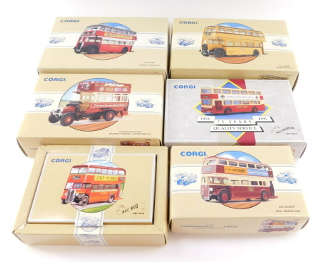 Corgi die cast double decker buses, comprising a Guy Arab Bournemouth 97205., London Transport 97203., AEC Regent West Bridgford 97003., AEC Bus 97062., Metro Bus 91847., and a Thorneycroft Bus, Beamish Tramway Motor Service 96988., all boxed. (6)