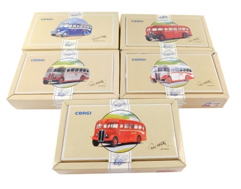 Five Corgi die cast single decker buses, comprising four AEC Regals, 97187., 97184., 97186., and 97191., together with a Bedford OB Coach, The Granville Tours, 97108., all boxed.