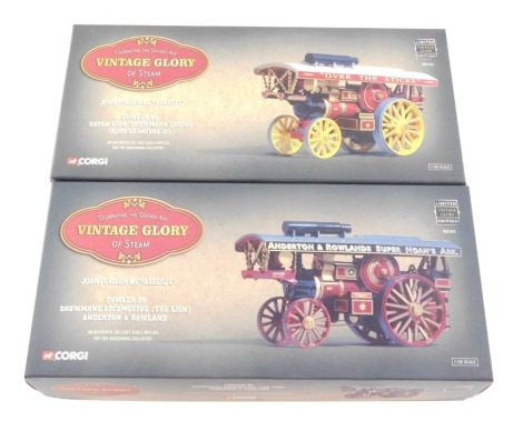 A Corgi die cast vintage Glory of Steam Fowler B6 Showman's Locomotive, and badge, 'Supreme' - S J Wharton 80105., together with a Fowler B6 Road Locomotive and badge, 'Titan' - Eastnor Steam Haulage Co. 80106., both boxed. (2)