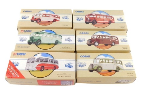 Six Corgi Classics die cast single decker coaches, comprising a Birmingham Seagull Coach, Trent Motor Traction Co. 97340., two Bedford OB Coaches, Edinburgh 98164 and Grey Green 98163., and three Leyland Tigers, Skills Motor Coaches Ltd 97214., Barton's 9