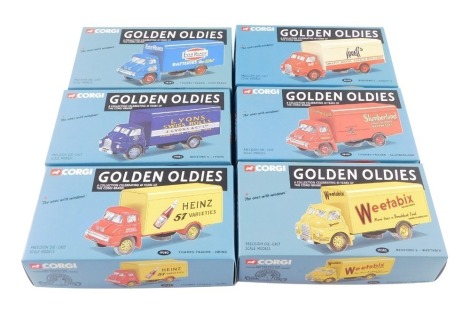 Six Corgi die cast Golden Oldies, comprising Thames Trader - Ever Ready 30302., Bedford S - Spratt's 30303., Bedford S - Lyons 19301., Thames Trader - Slumberland 30301., Bedford S - Weetabix 19302., and Thames Trader - Heinz 19303, all boxed.