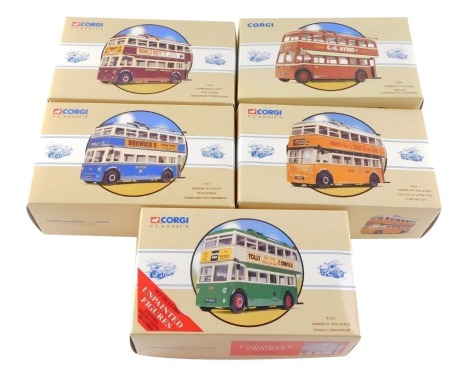 Five Corgi die cast trolley buses, comprising a Karrier W, Ipswich Corporation 97316., Utility, Bradford City Transport 97871., W4 Newcastle Upon Tyne Corporation 97870., Sunbeam W Utility, Maidstone Corporation 97801., and a Sunbeam Trolley Bus, Reading 