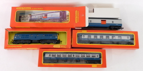 A Hornby Tri-ang OO gauge diesel electric locomotive, AIA-AIA, R3557, an operating mail coach set, R401., BR Inter-City 2nd Class coach, R724., and a BR Pullman Car 'Golden Arrow' R230, all boxed. (4)