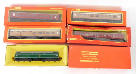 A Hornby OO gauge BR diesel electric locomotive, A-I-A, R357., LNER brake 3rd class coach, R747., and a full third coach R745., LMS full third coach with seating, R422A, and a brake 2nd class coach, maroon with seats, all boxed. (5)