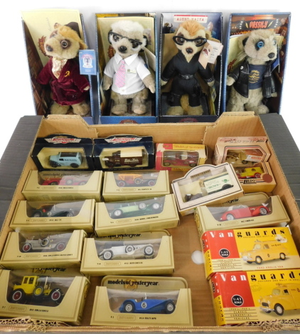 Matchbox and Vanguards die cast model vintage cars, fire appliances, AA Road Service vehicles, and vintage trucks, all boxed, together with four Compare The Meerkat soft toy figures, comprising Vassily., Agent Maiya., Sergei., and Aleksandra Orlov. (a qua