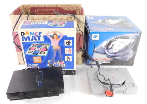 A Sony Playstation, Playstation II, Dual Force Steering Wheel with foot pedals, dance mat, and various games. (a quantity)