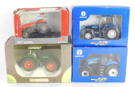 A Britains die cast model of a New Holland TM165 Tractor, 47008825, together with a TS135A Tractor, 40785., a Universal Hobbies Tractor, and a MF Massey Ferguson 135 Tractor, all boxed. (4)