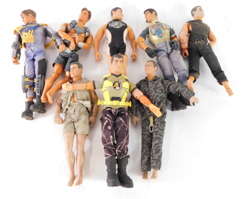 Eight Action Men figures, variously attired.