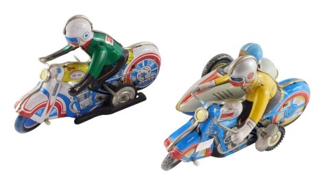 A Chinese tin plate clockwork motorbike and rider, MS-702, 602, with key, 17.5cm wide, together with a motorcycle and rider with sidecar and passenger, MS709, 18cm wide. (2)